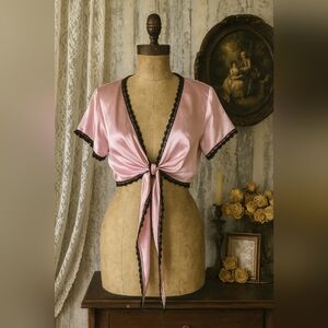 Vintage Jessica Pink Satin Tie-Front Lingerie Top | Black Lace Trim | NWT Size L